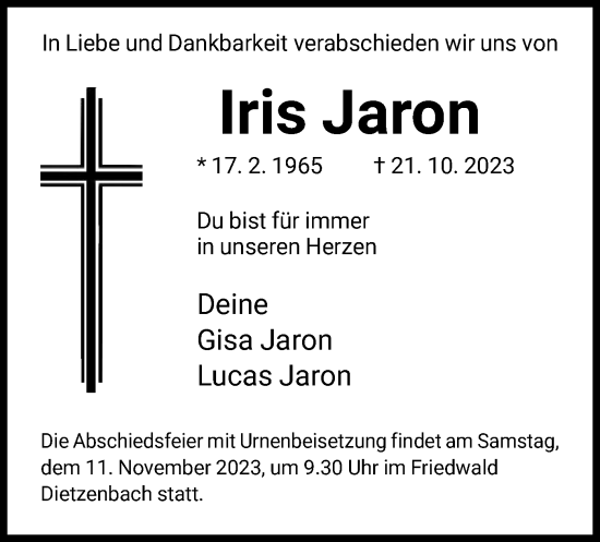 Todesanzeige von Iris Jaron von OF