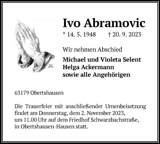 Todesanzeige von Ivo Abramovic von OF