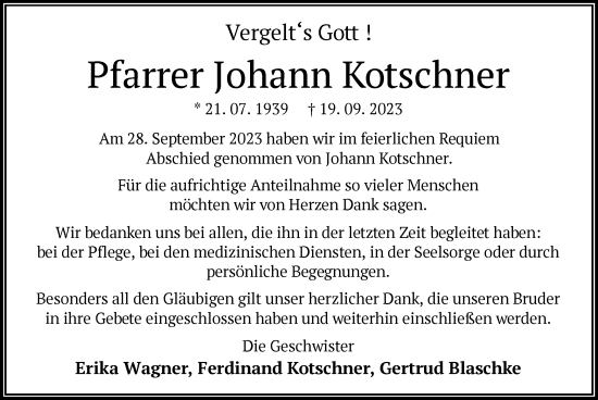 Todesanzeige von Johann Kotschner von OF