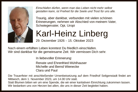 Todesanzeige von Karl-Heinz Linberg von OF