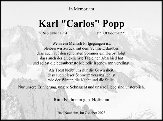 Todesanzeige von Karl Popp von OF