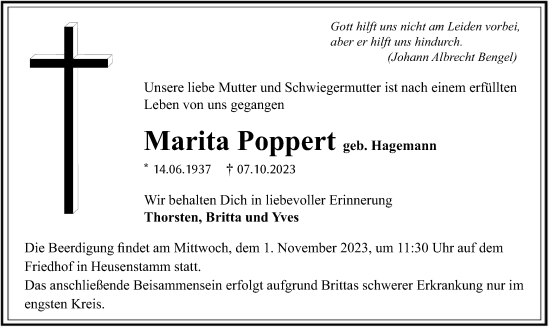 Todesanzeige von Marita Poppert von OF