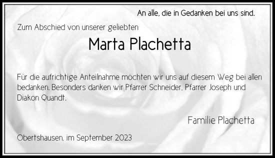 Todesanzeige von Marta Plachetta von OF