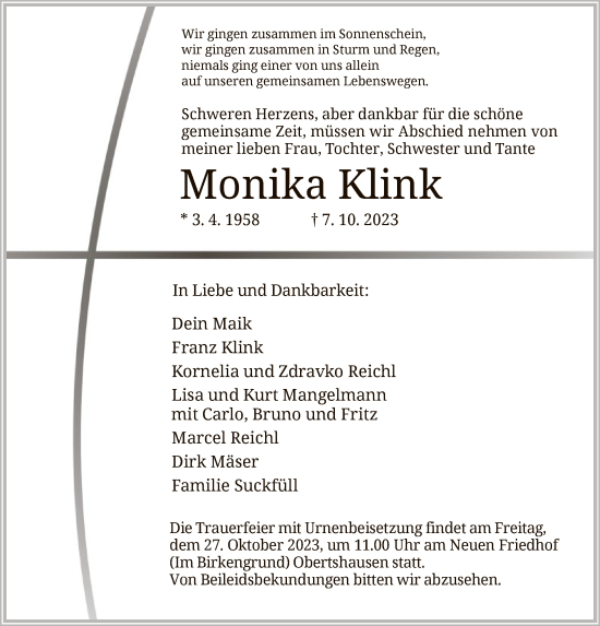 Todesanzeige von Monika Klink von OF