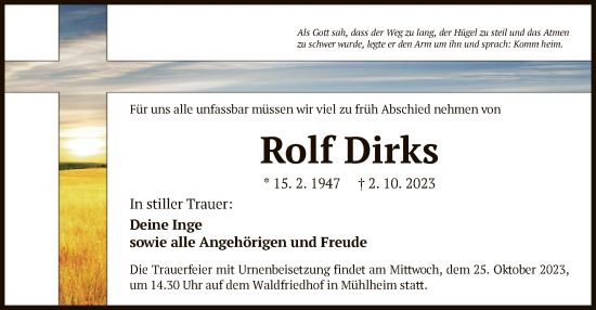 Todesanzeige von Rolf Dirks von OF