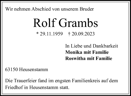 Todesanzeige von Rolf Grambs von OF