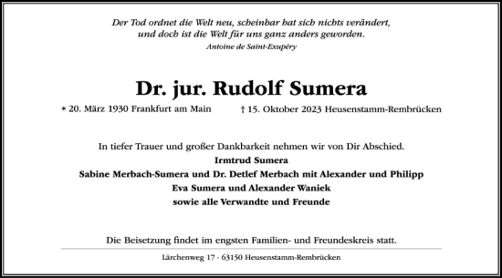 Todesanzeige von Rudolf Sumera von OF
