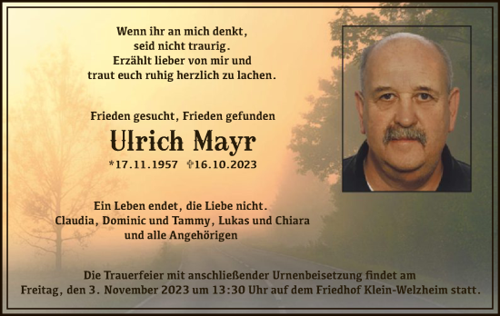 Todesanzeige von Ulrich Mayr von OF
