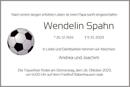 Todesanzeige von Wendelin Spahn von OF