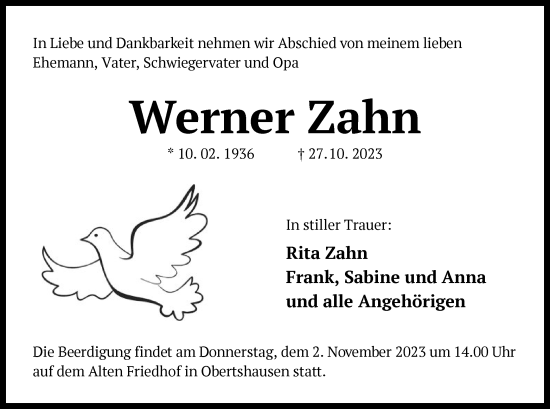 Todesanzeige von Werner Zahn von OF