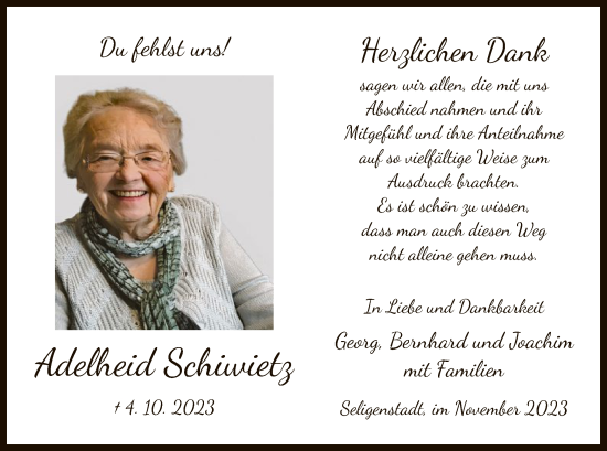 Todesanzeige von Adelheid Schiwietz von OF