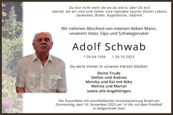 Todesanzeige von Adolf Schwab von OF