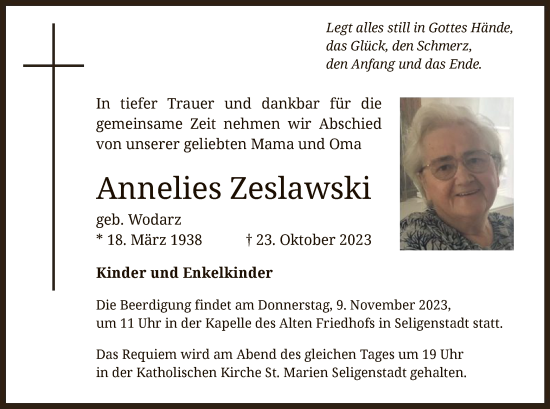 Todesanzeige von Annelies Zeslawski von OF