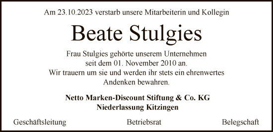 Todesanzeige von Beate Stulgies von OF