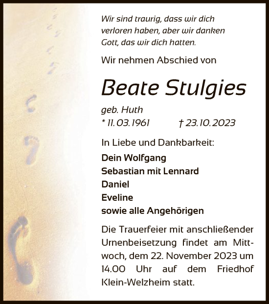 Todesanzeige von Beate Stulgies von OF