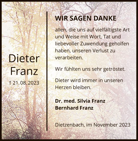 Todesanzeige von Dieter Franz von OF