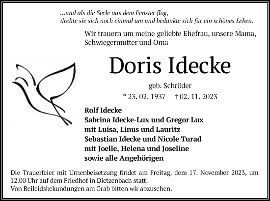 Todesanzeige von Doris Idecke von OF