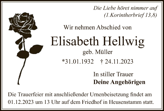 Todesanzeige von Elisabeth Hellwig von OF