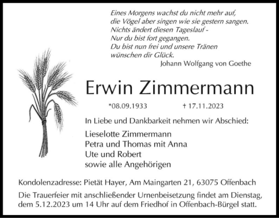 Todesanzeige von Erwin Zimmermann von OF