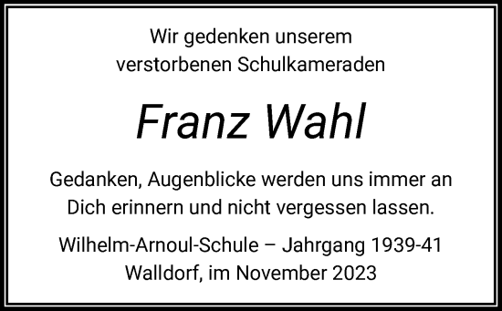 Todesanzeige von Franz Wahl von OF