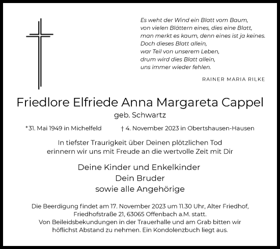 Todesanzeige von Friedlore Elfriede Anna Margareta Cappel von OF