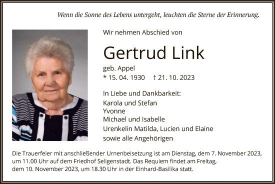 Todesanzeige von Gertrud Link von OF
