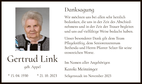 Todesanzeige von Gertrud Link von OF