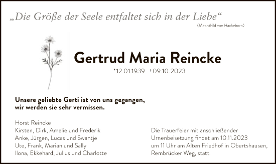Todesanzeige von Gertrud Maria Reincke von OF