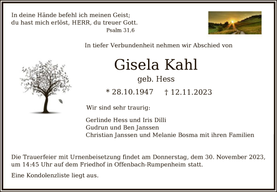 Todesanzeige von Gisela Kahl von OF