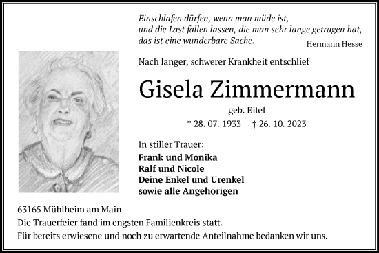 Todesanzeige von Gisela Zimmermann von OF