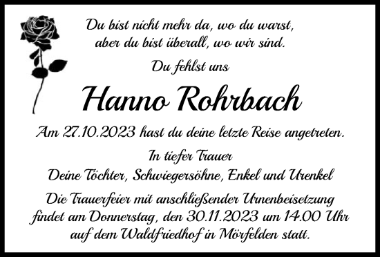 Todesanzeige von Hanno Rohrbach von OF