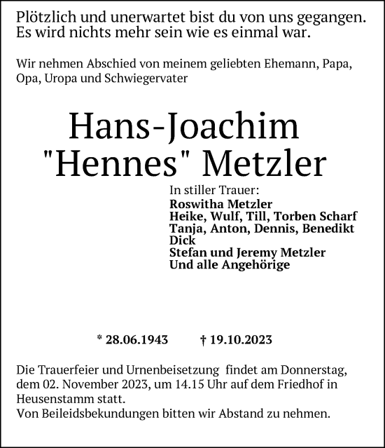Todesanzeige von Hans-Joachim Metzler von OF