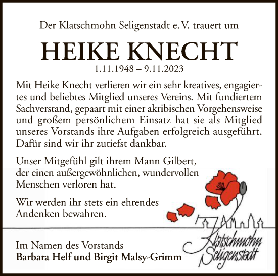 Todesanzeige von Heike Knecht von OF