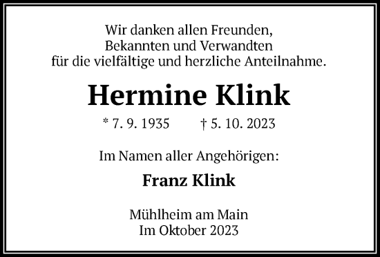 Todesanzeige von Hermine Klink von OF