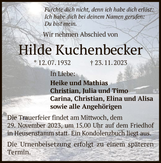 Todesanzeige von Hilde Kuchenbecker von OF