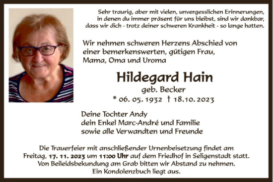 Todesanzeige von Hildegard Hain von OF