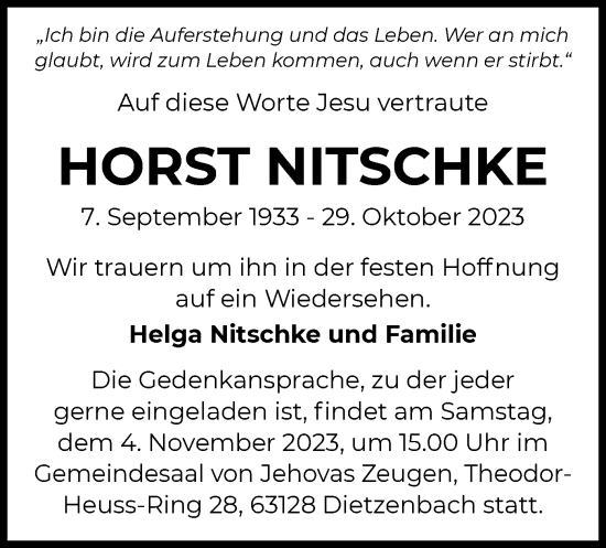 Todesanzeige von Horst Nitschke von OF