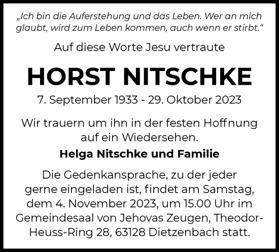 Todesanzeige von Horst Nitschke von OF