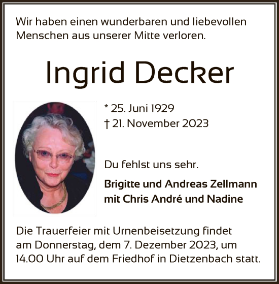 Todesanzeige von Ingrid Decker von OF