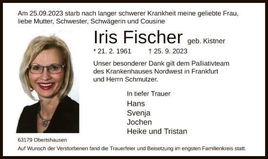 Todesanzeige von Iris Fischer von OF
