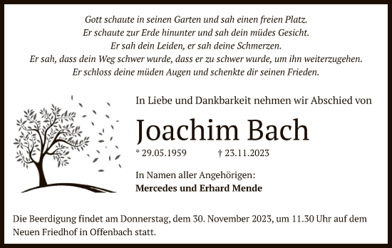 Todesanzeige von Joachim Bach von OF