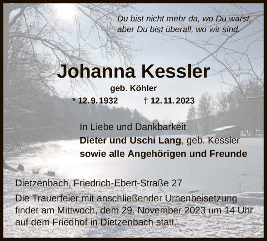 Todesanzeige von Johanna Kessler von OF