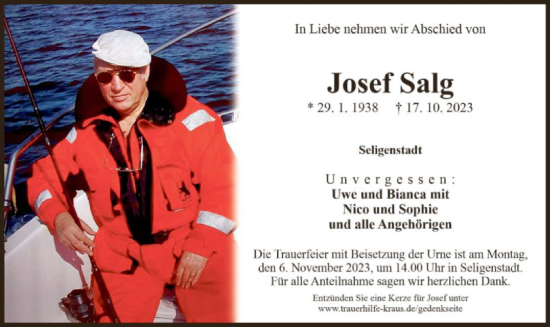 Todesanzeige von Josef Salg von OF