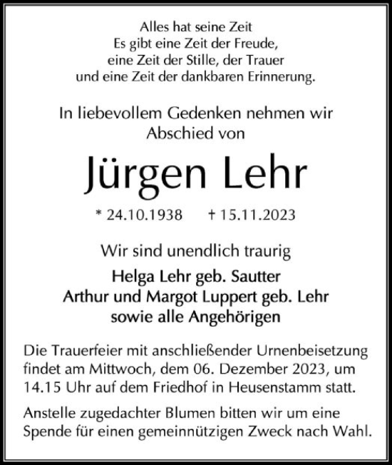 Todesanzeige von Jürgen Lehr von OF
