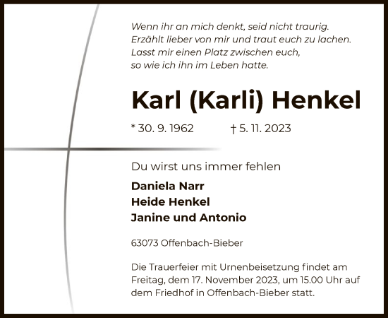 Todesanzeige von Karl Henkel von OF