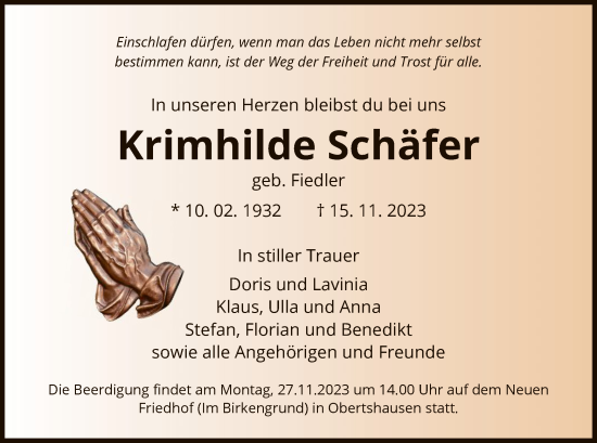 Todesanzeige von Krimhilde Schäfer von OF