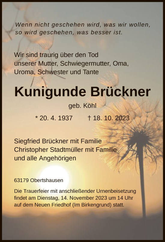 Todesanzeige von Kunigunde Brückner von OF