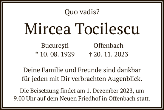 Todesanzeige von Mircea Tocilescu von OF