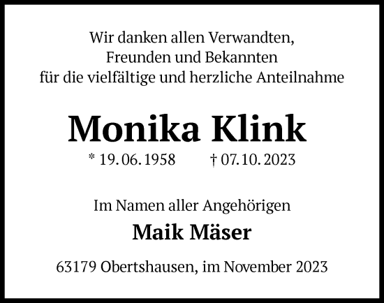 Todesanzeige von Monika Klink von OF
