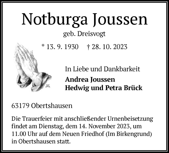 Todesanzeige von Notburga Joussen von OF